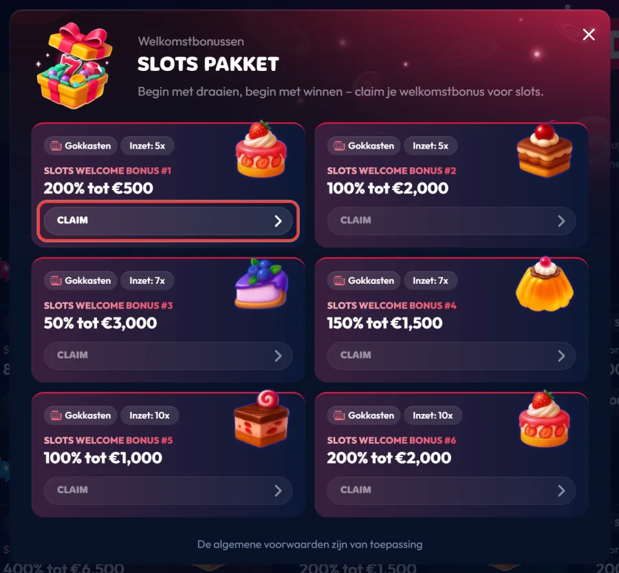 Knop Claim bij Slots Welcome Bonus 1 van 200% tot 500 euro