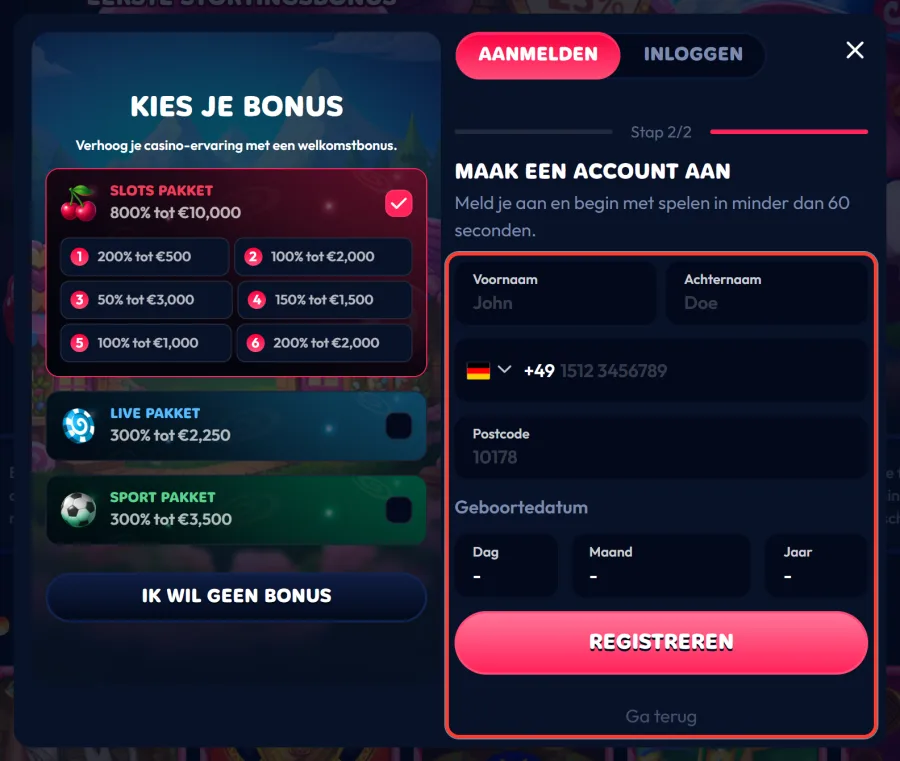 Stap 2 met voornaam, achternaam, telefoon, postcode en geboortedatum