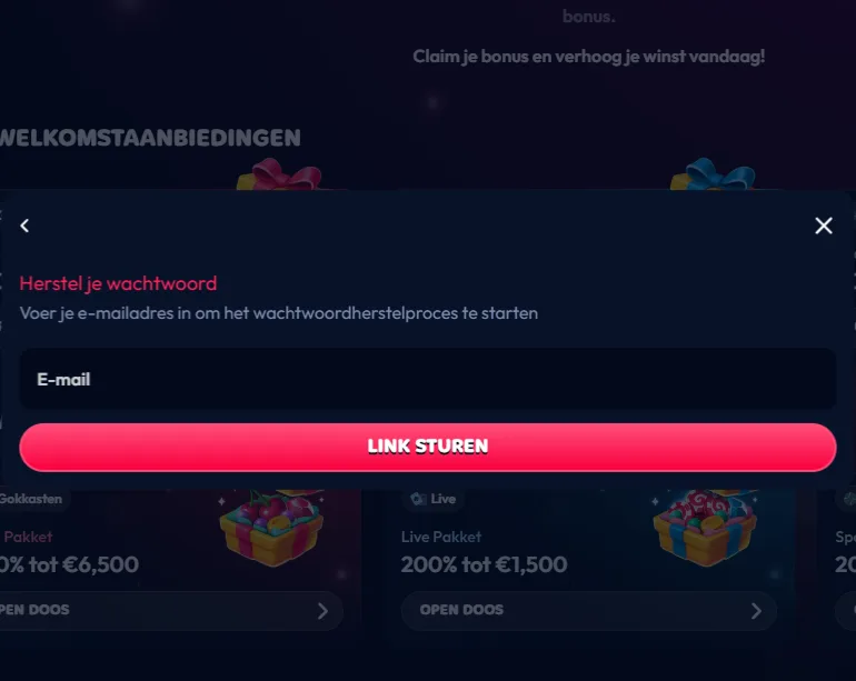 Scherm Herstel je wachtwoord met e-mailveld en knop Link sturen